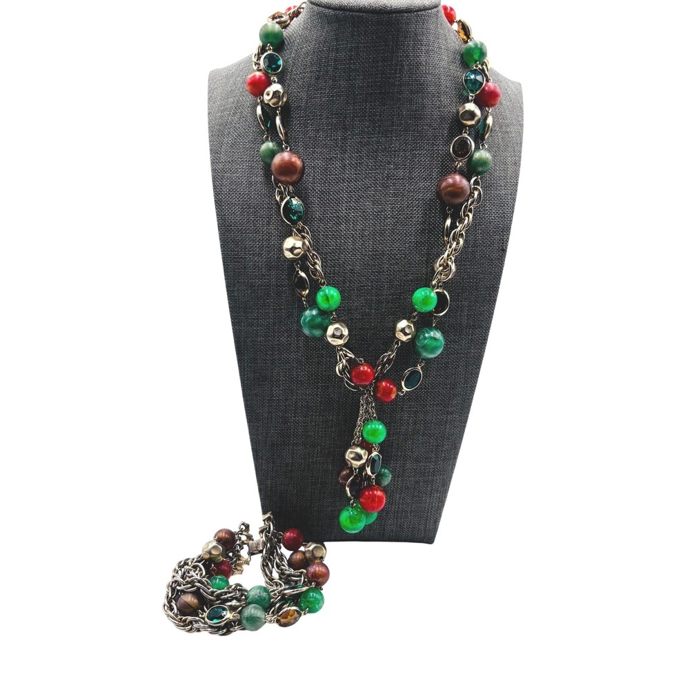 Vintage Kramer of New York SET Bead Glass Crystal Gold Tone Bib Necklace